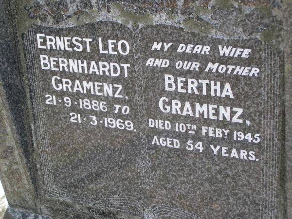 Ernest Leo Bernhardt GRAMENZ,  | 21-9-1886 - 21-3-1969;  | Bertha GRAMENZ, wife mother,  | died 10 Feb 1945 aged 54 years;  | Alexander Hansen GRAMENZ,  | 7-2-1919 - 26-1-1964;  | Perly Clara GRAMENZ,  | 1-10-1921 - 12-2-1972;  | Ida Elsie GRAMENZ,  | 12-8-1917 - 11-1-2001;  | Brookfield Cemetery, Brisbane  | 