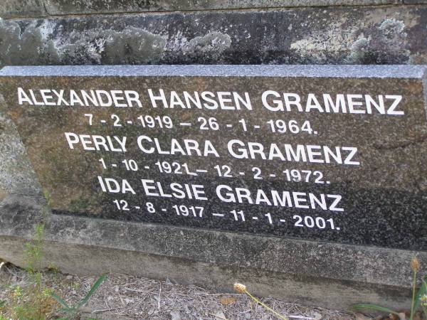 Ernest Leo Bernhardt GRAMENZ,  | 21-9-1886 - 21-3-1969;  | Bertha GRAMENZ, wife mother,  | died 10 Feb 1945 aged 54 years;  | Alexander Hansen GRAMENZ,  | 7-2-1919 - 26-1-1964;  | Perly Clara GRAMENZ,  | 1-10-1921 - 12-2-1972;  | Ida Elsie GRAMENZ,  | 12-8-1917 - 11-1-2001;  | Brookfield Cemetery, Brisbane  | 
