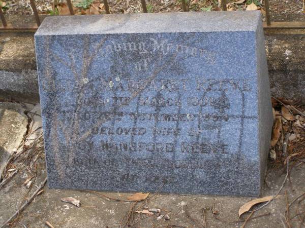 Susan Margaret MOON,  | died 14 Dec 1905 aged 63 years;  | Thomas, husband,  | died 14 Dec 1930 aged 91 years;  | Hope THOMPSON-JONES, granddaughter,  | died 26 Sep 1915 aged 3 years;  | William Richer MOON, son,  | husband of Florence,  | died 13 June 1966 aged 88 years;  | Florence Emily MOON,  | died 2 Feb 1969 aged 86 years;  | Lilian Margaret REEVE,  | born 7 March 1909 died 28 Nov 1994,  | wife of Roy Hansford REEVE,  | both of  Marlborough ;  | Brookfield Cemetery, Brisbane  | 