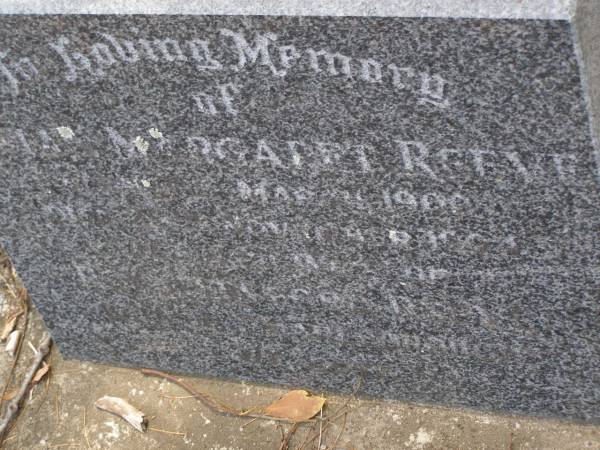 Susan Margaret MOON,  | died 14 Dec 1905 aged 63 years;  | Thomas, husband,  | died 14 Dec 1930 aged 91 years;  | Hope THOMPSON-JONES, granddaughter,  | died 26 Sep 1915 aged 3 years;  | William Richer MOON, son,  | husband of Florence,  | died 13 June 1966 aged 88 years;  | Florence Emily MOON,  | died 2 Feb 1969 aged 86 years;  | Lilian Margaret REEVE,  | born 7 March 1909 died 28 Nov 1994,  | wife of Roy Hansford REEVE,  | both of  Marlborough ;  | Brookfield Cemetery, Brisbane  | 