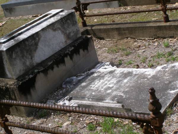 Annie Elizabeth,  | wife of James SHIELD of Brookfield,  | died 27 Dec 1914 aged 62 years;  | James, son,  | died 5 Sept 1915 aged 37 years;  | Brookfield Cemetery, Brisbane  | 