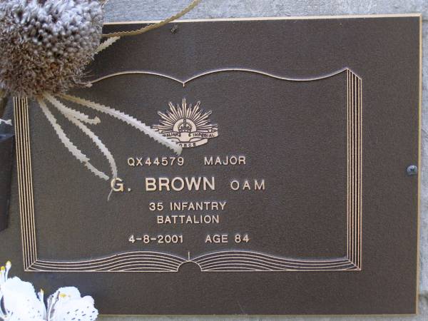 G. BROWN,  | died 4-8-2001 aged 84 years;  | Brookfield Cemetery, Brisbane  | 
