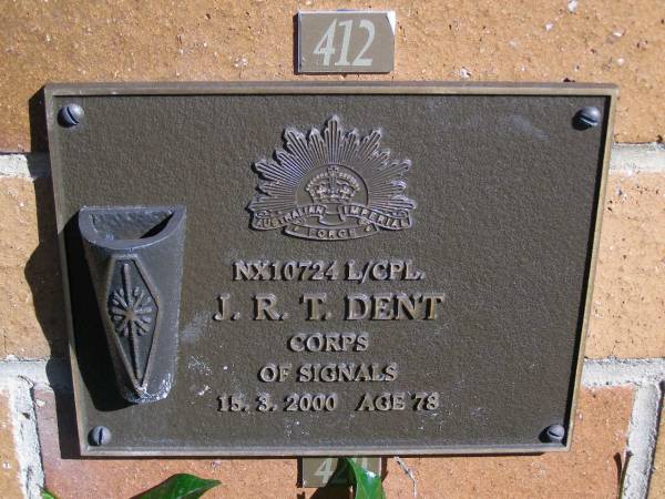 J.R.T. DENT,  | died 15-3-2000 aged 78 years;  | Brookfield Cemetery, Brisbane  | 
