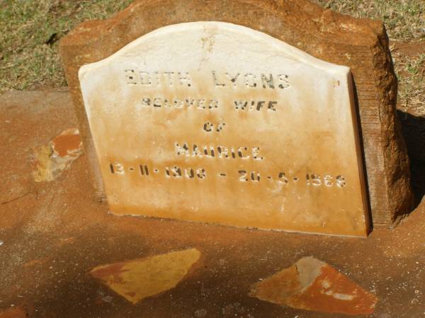 Edith LYONS  | (wife of Maurice)  | b: 13 Nov 1900  | d: 20 May 1968  | Pioneer Cemetery - Broome  | 