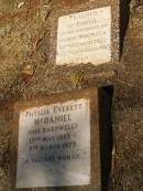 Phyllis Everett McDANIEL (nee BARDWELL)
b: 19 May 1889
d: 9 Mar 1979
Terence McDANIEL
(husband of Marie Therese)
b: 19 Oct 1922
d: 15 Sep 1965
Pioneer Cemetery - Broome