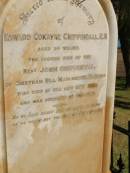 Edward Cokayne CHIPPINDALL
aged 34
(son of John CHIPPINDALL of Cheetham Hill. Manchester, England)
died at sea 22 May 1886
------ and a footstone for the ashes of friend Thomas Haynes
M...
aged 76
ashes are laid beside his friend and partner Edward CHIPPINDALL
Pioneer Cemetery - Broome
a href=ECChippindall.html(More info on Edward Cokayne CHIPPINDALL)a