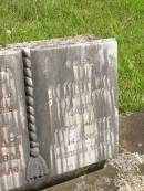 J.J.W. BARGENQUAST,
husband father,
died 29 Dec 1953 aged 76 years;
Mary,
wife mother,
died 14 June 1971 aged 86 years;
Brooweena St Marys Anglican cemetery, Woocoo Shire