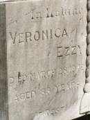 Veronica EZZY,
died 28 March 1942 aged 88 years;
Abraham John EZZY,
died 18 Aug 1921 aged 70 years;
Brooweena St Marys Anglican cemetery, Woocoo Shire