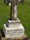 Olive Lilian HAY,
wife,
little mother of "Carmel",
aged 42 years;
Brooweena St Marys Anglican cemetery, Woocoo Shire