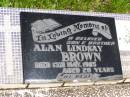 Alan Lindsay BROWN,
son brother,
died 13 May 1965 aged 20 years;
Brooweena St Marys Anglican cemetery, Woocoo Shire