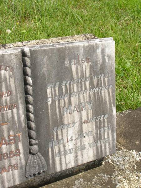 J.J.W. BARGENQUAST,  | husband father,  | died 29 Dec 1953 aged 76 years;  | Mary,  | wife mother,  | died 14 June 1971 aged 86 years;  | Brooweena St Mary's Anglican cemetery, Woocoo Shire  | 