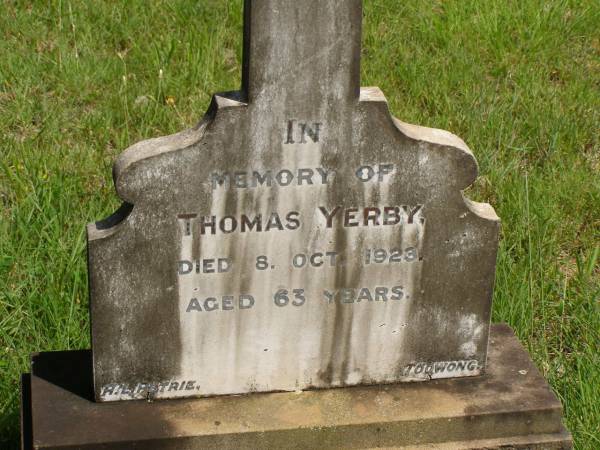 Thomas YERBY,  | died 8 Oct 1923 aged 63 years;  | Brooweena St Mary's Anglican cemetery, Woocoo Shire  | 