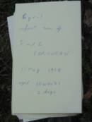 Cyril, infant son of J and C CORCORAN,
died 11 May 1918 aged 10 weeks 2 days;
Bryden (formerly Deep Creek) Catholic cemetery, Esk Shire