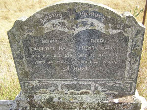 (mother)  | Charlotte HALL  | d: 8 Jul 1935, aged 84  | (father)  | Henry HALL  | d: 11 Dec 1895, aged 42  |   | Ann HINE (nee BOTLEY)  | b: 22 Nov 1811 Grendon B'Shire, Eng  | d: 16 Aug 1899 Kipper Ck, Dundas, Q  | Married Job HINE c1838 Eng  |   | Henry HINE b: 1849, d: 1876  | Charlotte HINE b: 1850, d 1872  |                                          (RJB)  | Fairview Cemetery, Bryden, Somerset Region, Queensland  |   | 