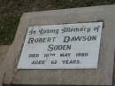 Robert Dawson SODEN,
died 10 May 1980 aged 62 years;
Caboonbah Church Cemetery, Esk Shire