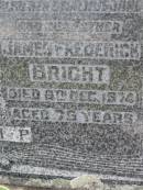 Hannah Millicent BRIGHT,
wife mother,
died 10 April 1960 aged 65 years;
James Frederick BRIGHT,
husband father,
died 8 Dec 1974 aged 75 years;
Caboonbah Church Cemetery, Esk Shire