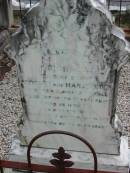 Richard, son of Robert & Mary SODEN,
injured by a fall near the Beppo School on 6th,
died at Ipswich on 9th Nov 1893;
Robert Dawson SODEN,
born 27 Oct 1837 Fort William, Virginia, Ireland,
died 3 Jan 1905 Mt Beppo aged 67 years;
Mary Frances SODEN, wife,
born 29 Dec 1841 Lislin, Mullagh, Cavan,
died 25 Dec 1911 Mt Beppo aged 69 years;
Julia, wife of D.J. SODEN,
died 15 Nov 1906 aged 32 years;
David James SODEN, husband,
died 27 July 1956 aged 78 years;
Caboonbah Church Cemetery, Esk Shire