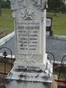 Richard, son of Robert & Mary SODEN,
injured by a fall near the Beppo School on 6th,
died at Ipswich on 9th Nov 1893;
Robert Dawson SODEN,
born 27 Oct 1837 Fort William, Virginia, Ireland,
died 3 Jan 1905 Mt Beppo aged 67 years;
Mary Frances SODEN, wife,
born 29 Dec 1841 Lislin, Mullagh, Cavan,
died 25 Dec 1911 Mt Beppo aged 69 years;
Julia, wife of D.J. SODEN,
died 15 Nov 1906 aged 32 years;
David James SODEN, husband,
died 27 July 1956 aged 78 years;
Caboonbah Church Cemetery, Esk Shire