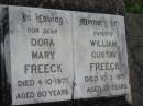 parents;
Dora Mary FREECK,
died 4-10-1977 aged 80 years;
William Gustav FREECK,
died 10-3-1971 aged 77 years;
Caboonbah Church Cemetery, Esk Shire