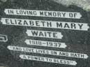 Elizabeth Mary WAITE,
1918 - 1937;
A.C. (Derek) WAIT,
31-3-20 - 29-1-98;
R.J.A. (Dick) ANDERSEN,
19-4-24 - 27-12-74;
L. Katharine ANDERSEN,
3-8-25 - 16-4-99;
Caboonbah Church Cemetery, Esk Shire
Caboonbah Church Cemetery, Esk Shire