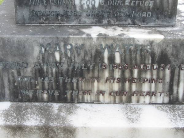 James Robert WATTS,  | died 18 March 1935 aged 63 years;  | Mary WATTS,  | died 18 July 1956 aged 84 years;  | Caboonbah Church Cemetery, Esk Shire  | 