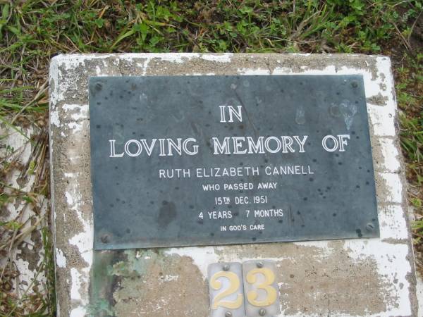 Ruth Elizabeth CANNELL,  | died 15 Dec 1951 aged 4 years 7 months;  | Caboonbah Church Cemetery, Esk Shire  | 