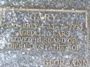 
Gary ARNDT,
3-6-1963 - 23-7-1995 aged 32 years,
husband of Theresa,
father of Glor-Ann & Mary Ellen;
Caffey Cemetery, Gatton Shire
