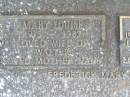 
Mary Louise ARNDT,
1915 - 1987,
wife of Walter,
mother of Frederick, Mary & Gary;
Walter ARNDT,
1913 - 1993 aged 80 years,
husband of Mary Louise,
father of Frederick, Mary & Gary;
Caffey Cemetery, Gatton Shire
