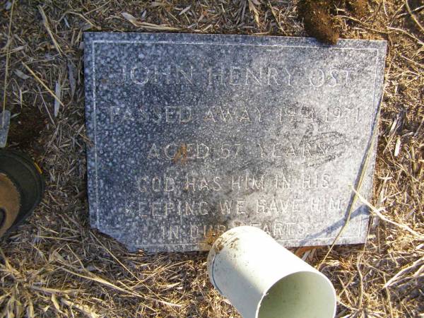 John Henry OST,  | died 19-4-1971 aged 57 years;  | Caffey Cemetery, Gatton Shire  | 