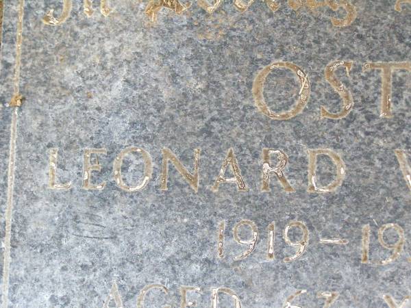 Leonard Victor OST,  | 1919 - 1986 aged 67 years;  | Caffey Cemetery, Gatton Shire  | 