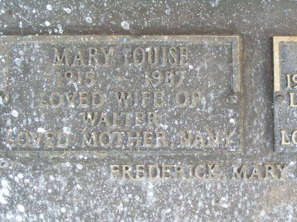 Mary Louise ARNDT,  | 1915 - 1987,  | wife of Walter,  | mother of Frederick, Mary & Gary;  | Walter ARNDT,  | 1913 - 1993 aged 80 years,  | husband of Mary Louise,  | father of Frederick, Mary & Gary;  | Caffey Cemetery, Gatton Shire  | 