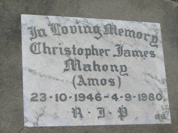 Christopher James MAHONY (Amos),  | 23-10-1946 - 4-9-1980;  | Canungra Cemetery, Beaudesert Shire  | 