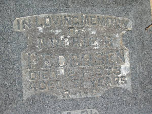 Archie H. PEDERSEN,  | died 12-1-1973 aged 71 years;  | Canungra Cemetery, Beaudesert Shire  | 