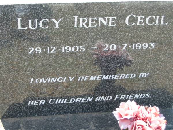Lucy Irene CECIL,  | 29-12-1905 - 20-7-1993,  | remembered by children;  | Canungra Cemetery, Beaudesert Shire  | 