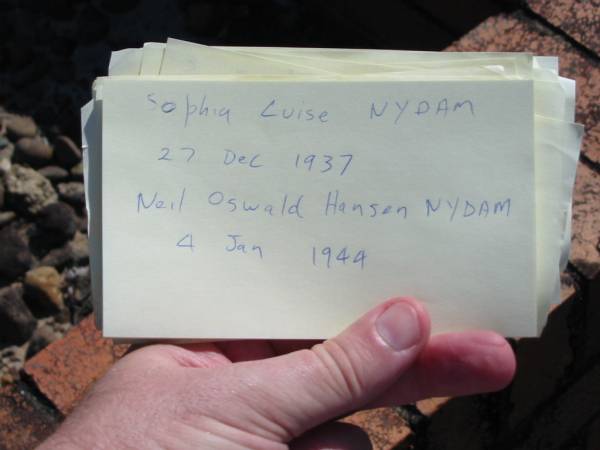 Sophia Luise NYDAM,  | 27 Dec 1937;  | Neil Oswald Hansen NYDAM,  | 4 Jan 1944;  | Canungra Cemetery, Beaudesert Shire  | 