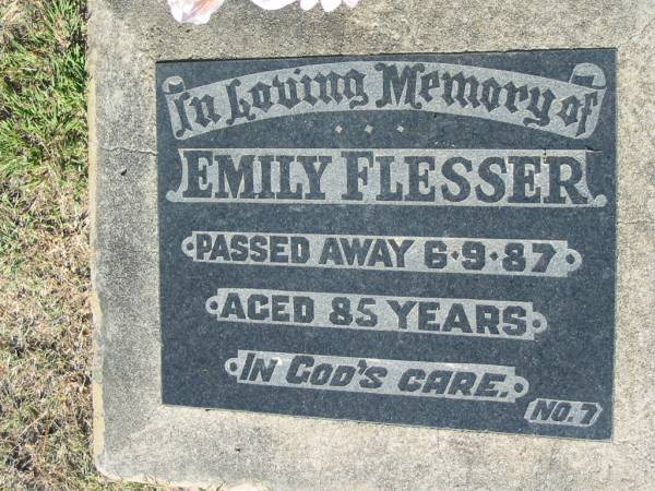 Emily FLESSER,  | died 6-9-87 aged 85 years;  | Canungra Cemetery, Beaudesert Shire  | 