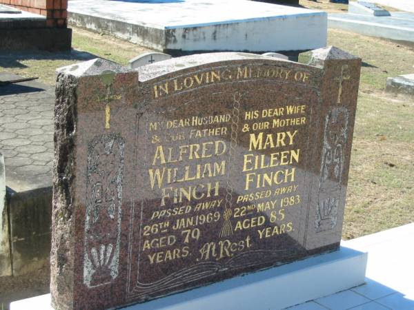 Alfred William FINCH,  | husband father,  | died 26 Jan 1969 aged 70 years;  | Mary Eileen FINCH,  | wife mother,  | died 22 May 1983 aged 85 years;  | Canungra Cemetery, Beaudesert Shire  | 