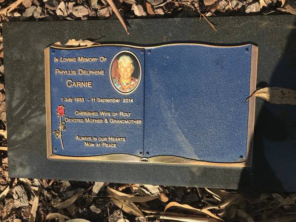 Phyllis Delphine CARNIE  | b: 1-Jul 1933  | d: 11-Sep-2014  | wife of Roly  |   | Centenary Memorial Gardens  |   |  00  | 