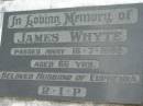 
James Whyte died 16 July 1992 aged 66 years, husband of Euphemia;
Chambers Flat Cemetery, Beaudesert
