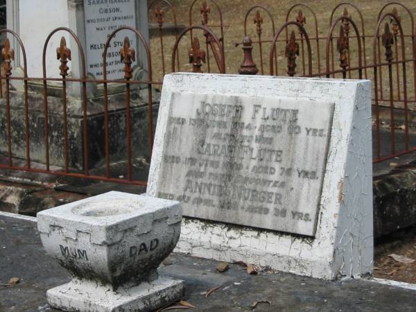 Joseph Flute 13 Jun 1954 80 yrs  | Sarah Flute 11 Jun 1949 76 yrs  | Annie Nurser 4 Apr 1939 36 yrs  | Chapel Hill Uniting Church (formerly Methodist) - Brisbane  |   | 