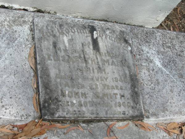 Elizabeth Mary Smith 8 Jul 1940 aged 72  | John Smith 20 Mar 1960 aged 93  | Chapel Hill Uniting Church (formerly Methodist) - Brisbane  |   | 