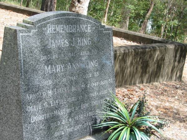 James J King 26 Sep 1941 aged 80  | Mary Ann King Oct? 1947 aged 85  | Arnold H Little 26 feb 1943 aged 52  | Olive C Little 21 Jul 1960 aged 73  | Dorothy Mary Knowland 2 Apr 1952 aged 55  | Chapel Hill Uniting (formerly Methodist) Cemetery - Brisbane  |   | 