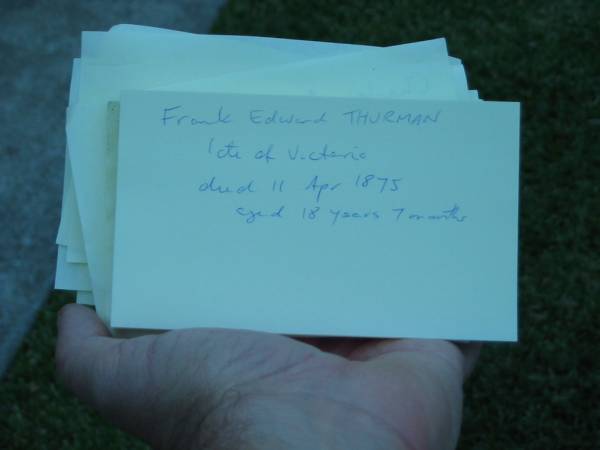 Frank Edward THURMAN late of Victoria died 11 Apr 1875 aged 18 years 7 months,  | Christ Church (Anglican), Milton, Brisbane  | 