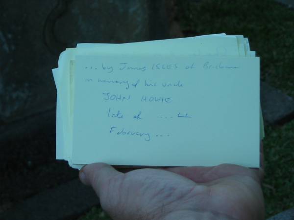 ... by James ISLES of Brisbane  | in memory of his uncle  | John HOWIE  | late of ... LL?  | February ...  |   | Christ Church (Anglican), Milton, Brisbane  | 