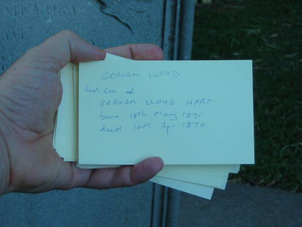 Graham Lloyd  | 2nd son of  | Graham Lloyd HART  | born 18 May 1871  | died 10th Apr 1874  |   | Christ Church (Anglican), Milton, Brisbane  | 
