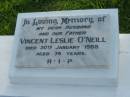 Vincent Leslie ONEILL, husband father,
died 30 Jan 1988 aged 74 years;
Sacred Heart Catholic Church, Christmas Creek, Beaudesert Shire