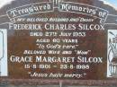 Frederick Charles SILCOX, husband daddy,
died 27 July 1953 aged 60 years;
Grace Margaret SILCOX, wife mum,
15-8-1901 - 23-8-1998;
Sacred Heart Catholic Church, Christmas Creek, Beaudesert Shire