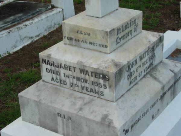 John WATERS,  | died 6 Dec 1933 aged 67 years;  | Margaret WATERS, mother,  | died 14 Nov 1955 aged 79 years;  | Thomas D. WATERS,  | died 10 Oct 1980 aged 68 years;  | Marie WATERS,  | died 23 Oct 1990 aged 79 years;  | Sacred Heart Catholic Church, Christmas Creek, Beaudesert Shire  | 