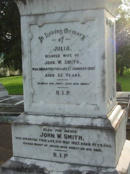 Julia, wife of John W. SMITH,  | died 1 Jan 1907 aged 32 years;  | John W. SMITH,  | died 11 May 1927 aged 61 years;  | Bernard Andrew SMITH,  | died 28 Dec 1977 aged 41 years;  | Sacred Heart Catholic Church, Christmas Creek, Beaudesert Shire  | 