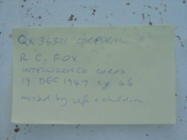 R.C. FOX,  | 19 Dec 1947 aged 46,  | missed by wife & children;  | Sacred Heart Catholic Church, Christmas Creek, Beaudesert Shire  | 